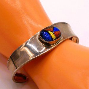 Vintage CIZ Modernist Dichroic Glass Mex Sterling Silver Wavy Cuff Bracelet 7.5"